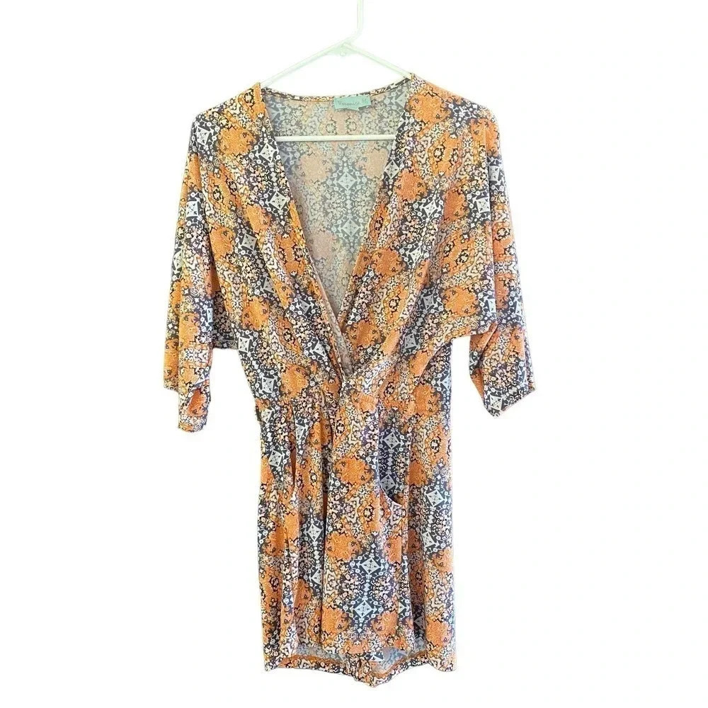 Veronica M. Women Orange White Kimono Long Sleeves Romper Size XS